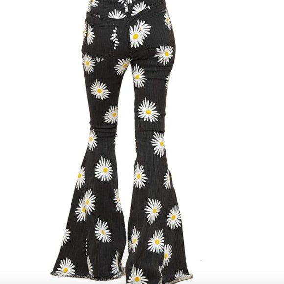 Daisy Print Fringe Bell Bottom Jeans - Picture 2 of 12